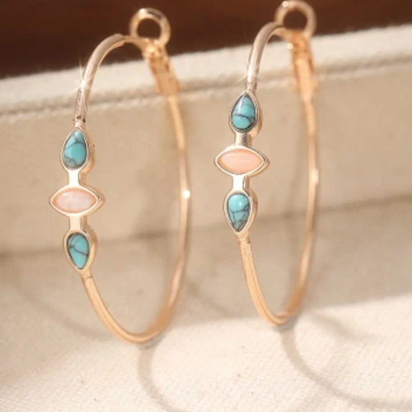 Elegant Golden Hoop Earrings with Genuine Turquoise Accents NWT Retail $129 - Picture 1 of 5